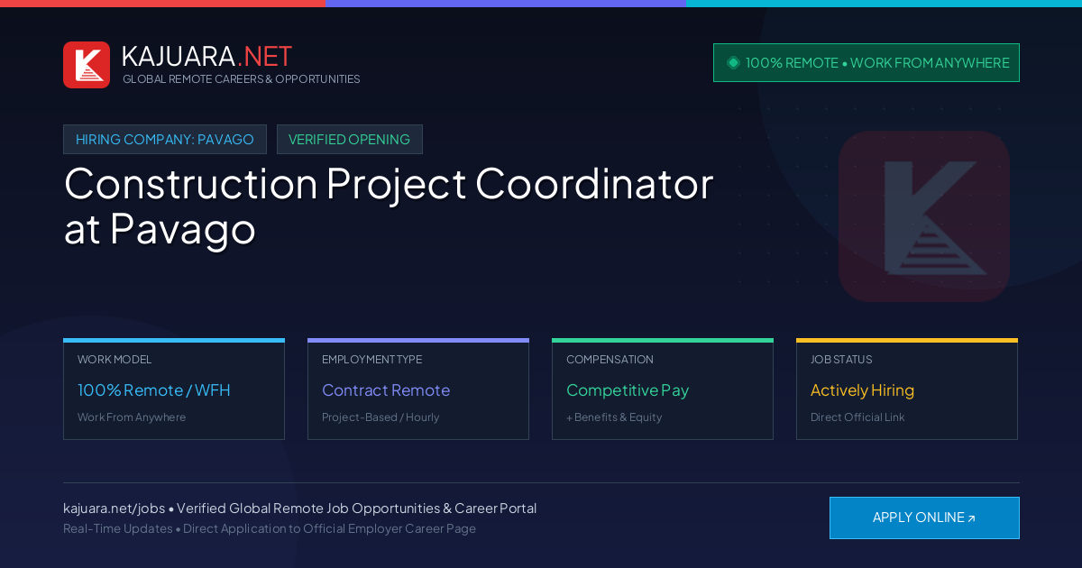 [100% Remote] Construction Project Coordinator at Pavago – Hiring Now