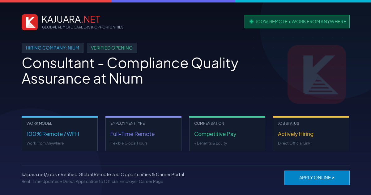 [100% Remote] Consultant - Compliance Quality Assurance at Nium – Hiring Now