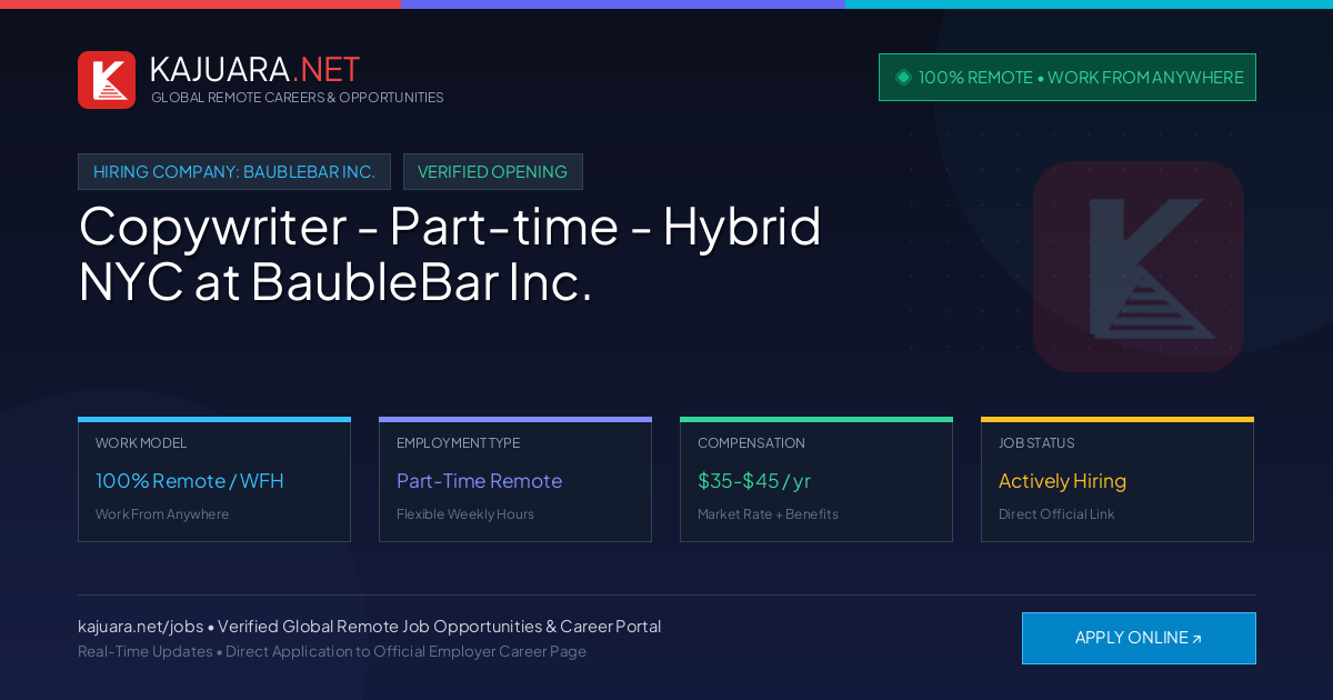 [100% Remote] Copywriter - Part-time - Hybrid NYC at BaubleBar Inc. – Hiring Now