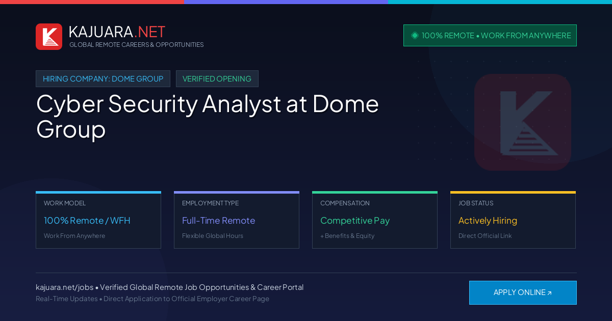 [100% Remote] Cyber Security Analyst at Dome Group – Hiring Now
