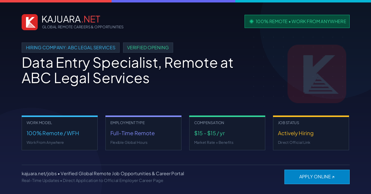 [100% Remote] Data Entry Specialist, Remote at ABC Legal Services – Hiring Now