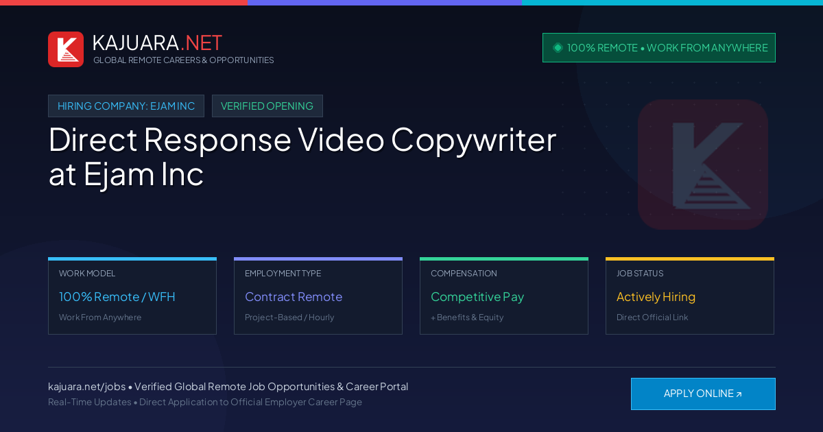 [100% Remote] Direct Response Video Copywriter at Ejam Inc – Hiring Now