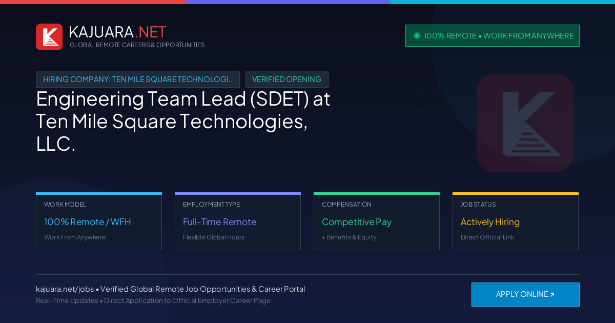 [100% Remote] Engineering Team Lead (SDET) at Ten Mile Square Technologies, LLC. – Hiring Now