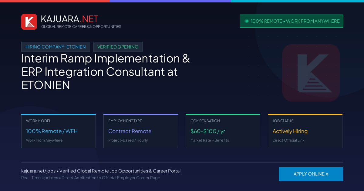 [100% Remote] Interim Ramp Implementation & ERP Integration Consultant at ETONIEN – Hiring Now