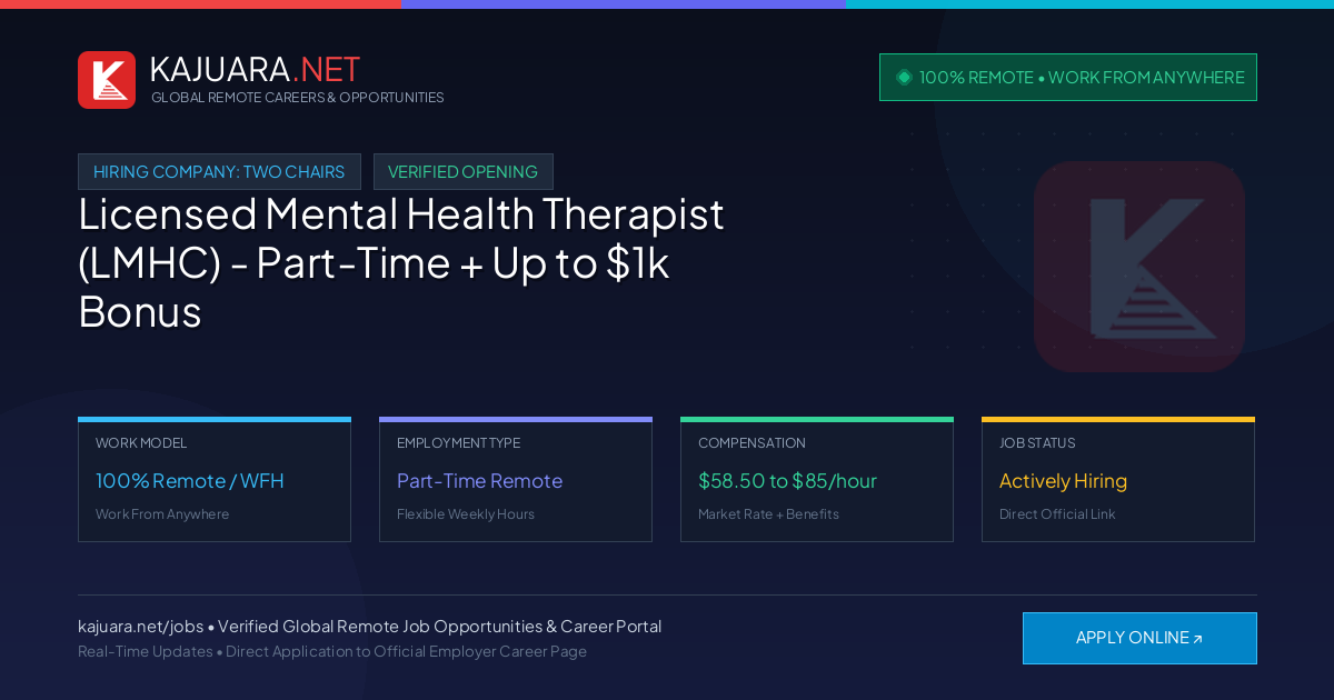 [100% Remote] Licensed Mental Health Therapist (LMHC) - Part-Time + Up to $1k Bonus at Two Chairs – Hiring Now