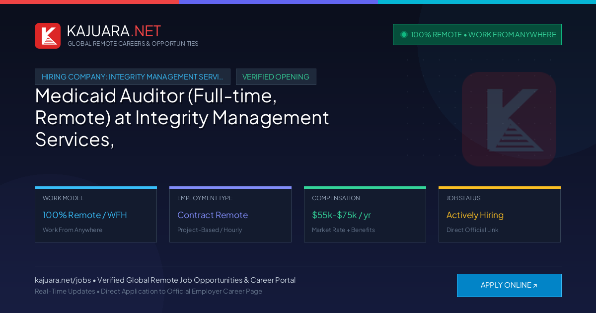 [100% Remote] Medicaid Auditor (Full-time, Remote) at Integrity Management Services, Inc. – Hiring Now