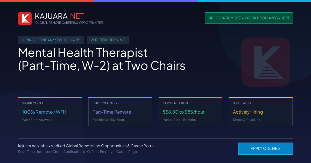[100% Remote] Mental Health Therapist (Part-Time, W-2) at Two Chairs – Hiring Now