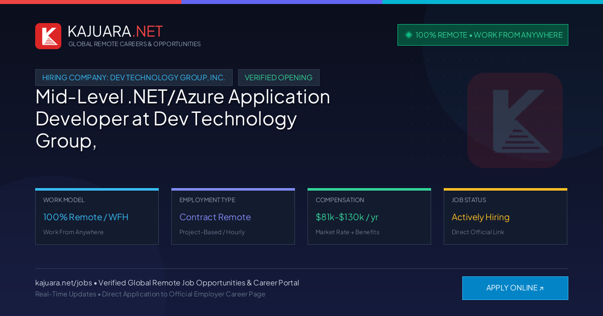 [100% Remote] Mid-Level .NET/Azure Application Developer at Dev Technology Group, Inc. – Hiring Now