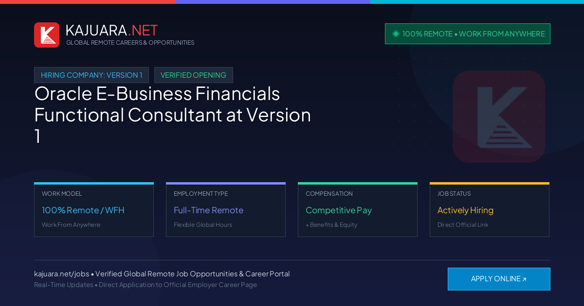 [100% Remote] Oracle E-Business Financials Functional Consultant at Version 1 – Hiring Now