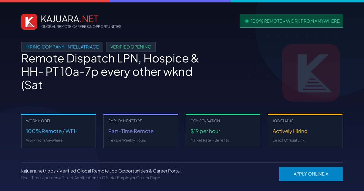 [100% Remote] Remote Dispatch LPN, Hospice & HH- PT 10a-7p every other wknd (Sat & Sun at IntellaTriage – Hiring Now