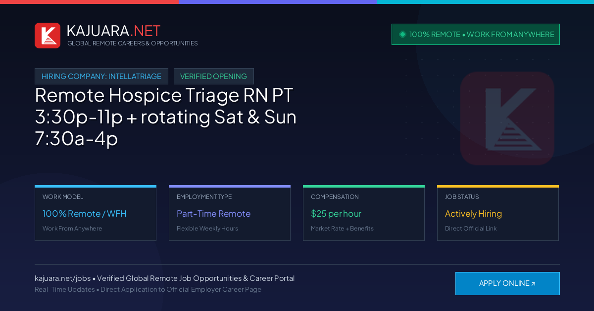 [100% Remote] Remote Hospice Triage RN PT 3:30p-11p + rotating Sat & Sun 7:30a-4p CST at IntellaTriage – Hiring Now