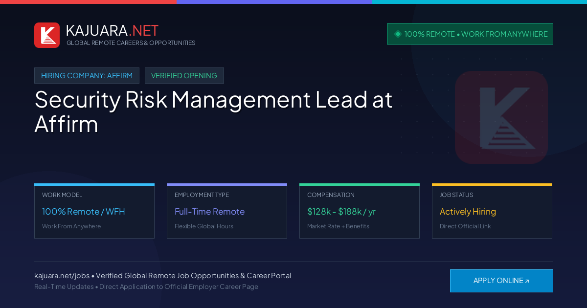 [100% Remote] Security Risk Management Lead at Affirm – Hiring Now
