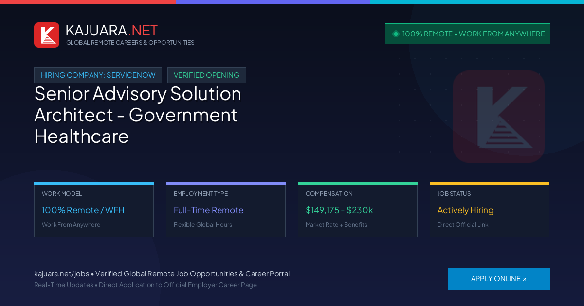 [100% Remote] Senior Advisory Solution Architect - Government Healthcare and Education (Armis/Veza) at ServiceNow – Hiring Now