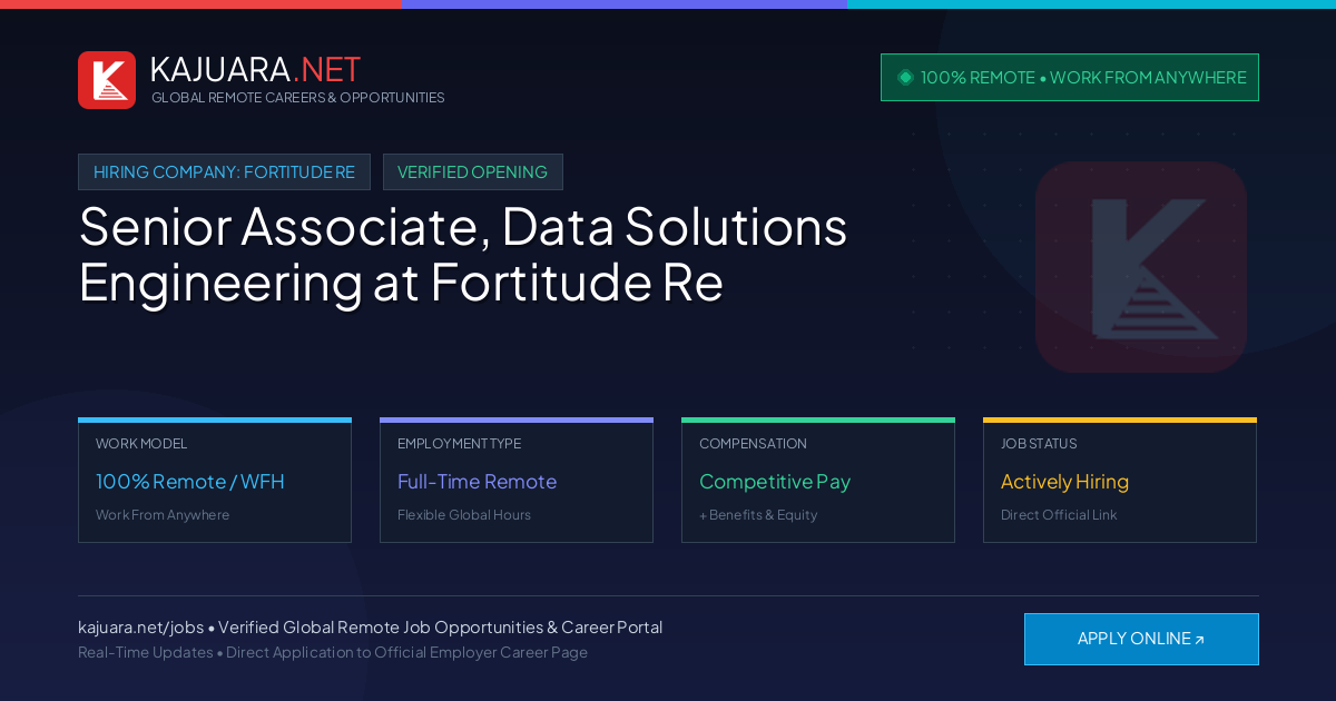 [100% Remote] Senior Associate, Data Solutions Engineering at Fortitude Re – Hiring Now