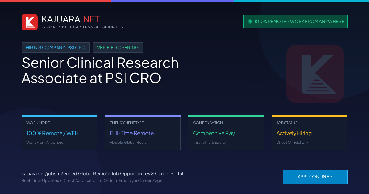 [100% Remote] Senior Clinical Research Associate at PSI CRO – Hiring Now
