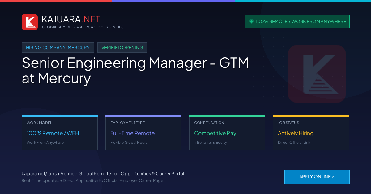 [100% Remote] Senior Engineering Manager - GTM at Mercury – Hiring Now