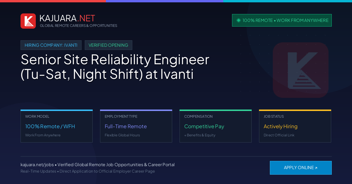 [100% Remote] Senior Site Reliability Engineer (Tu-Sat, Night Shift) at Ivanti – Hiring Now