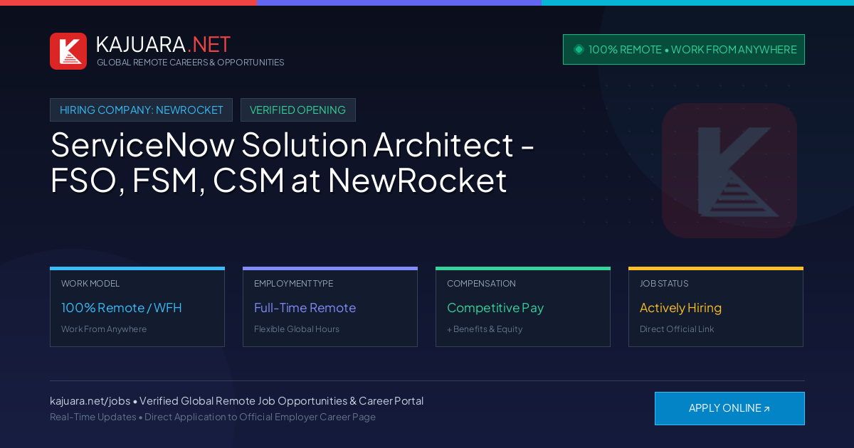 [100% Remote] ServiceNow Solution Architect - FSO, FSM, CSM at NewRocket – Hiring Now