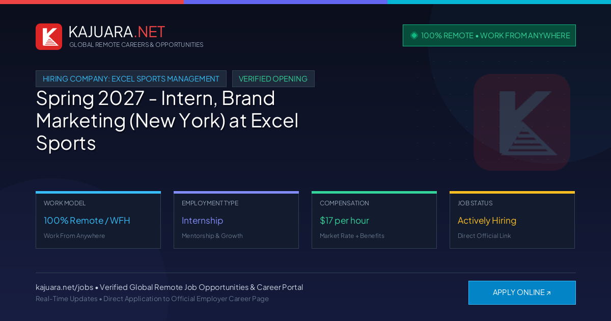[100% Remote] Spring 2027 - Intern, Brand Marketing (New York) at Excel Sports Management – Hiring Now