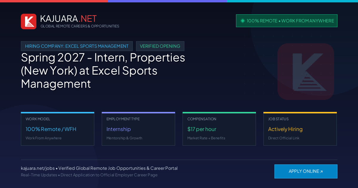 [100% Remote] Spring 2027 - Intern, Properties (New York) at Excel Sports Management – Hiring Now