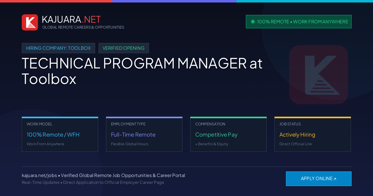 [100% Remote] TECHNICAL PROGRAM MANAGER at Toolbox – Hiring Now