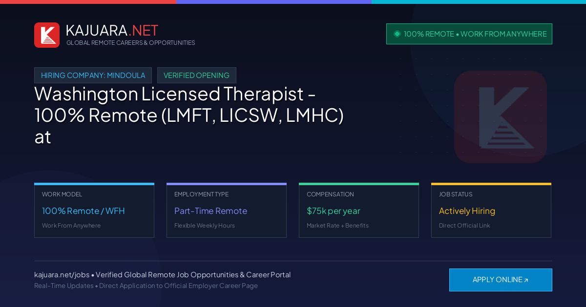[100% Remote] Washington Licensed Therapist - 100% Remote (LMFT, LICSW, LMHC) at Mindoula – Hiring Now