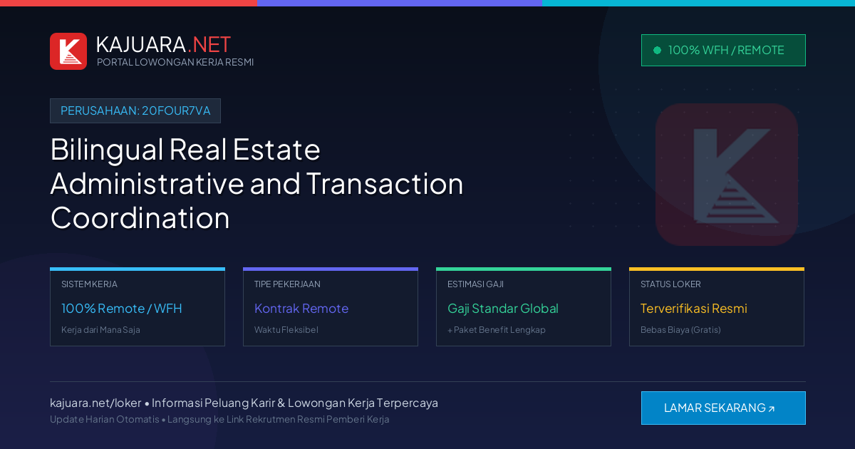 Lowongan Kerja Remote: Bilingual Real Estate Administrative and Transaction Coordination Virtual Assistant di 20four7VA