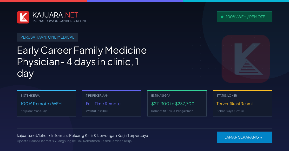 Lowongan Kerja Remote: Early Career Family Medicine Physician- 4 days in clinic, 1 day remote di One Medical
