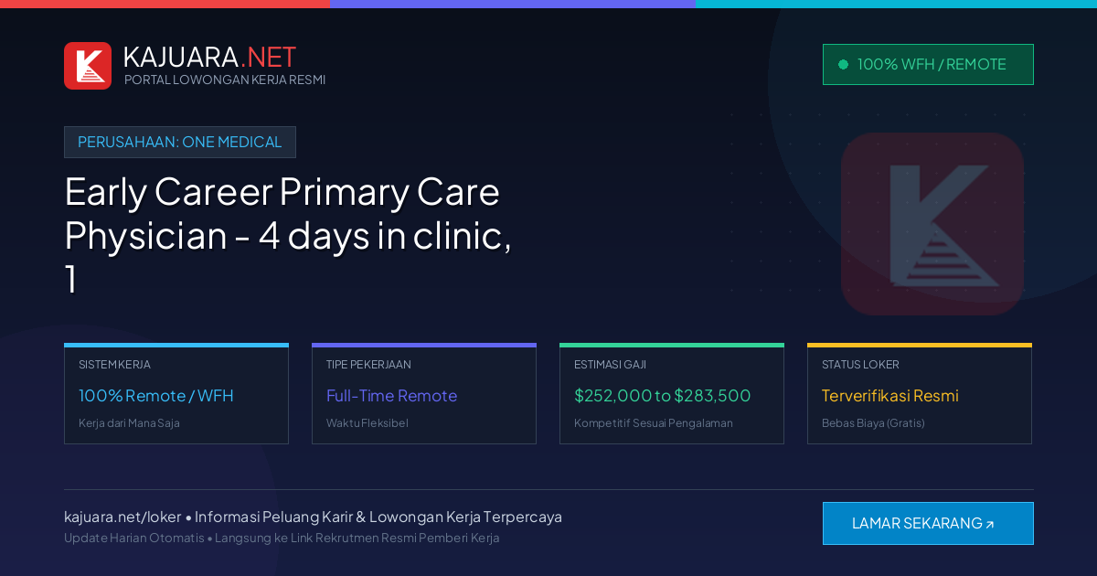 Lowongan Kerja Remote: Early Career Primary Care Physician - 4 days in clinic, 1 day remote di One Medical