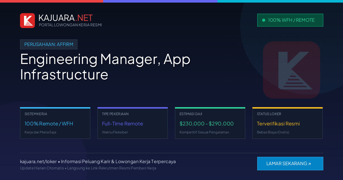 [Work From Home] Engineering Manager, App Infrastructure at Affirm ($230,000 - $290,000)