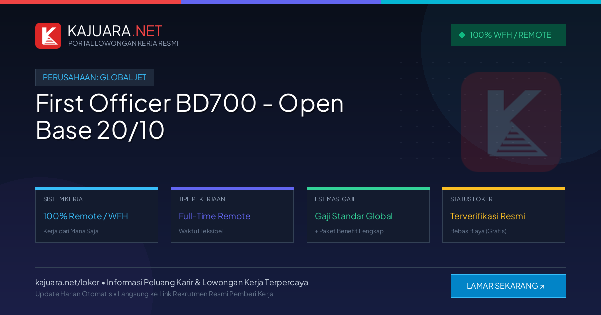 Lowongan Kerja Remote: First Officer BD700 - Open Base 20/10 di Global Jet