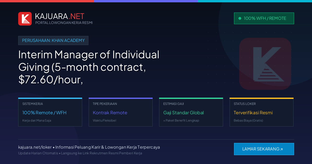 Lowongan Kerja Remote: Interim Manager of Individual Giving (5-month contract, $72.60/hour, 40 hours/week) di Khan Academy
