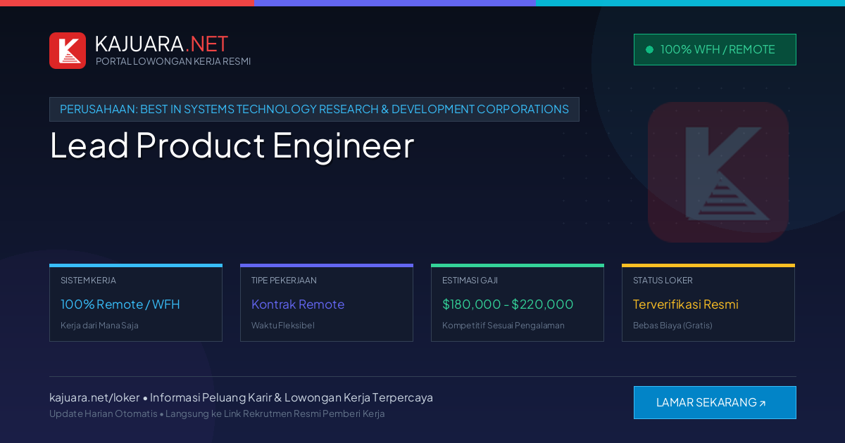 Lowongan Kerja Remote: Lead Product Engineer di BEST IN SYSTEMS TECHNOLOGY RESEARCH & DEVELOPMENT CORPORATIONS