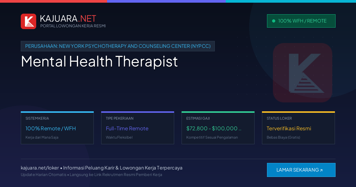 Lowongan Kerja Remote: Mental Health Therapist di New York Psychotherapy and Counseling Center (NYPCC)