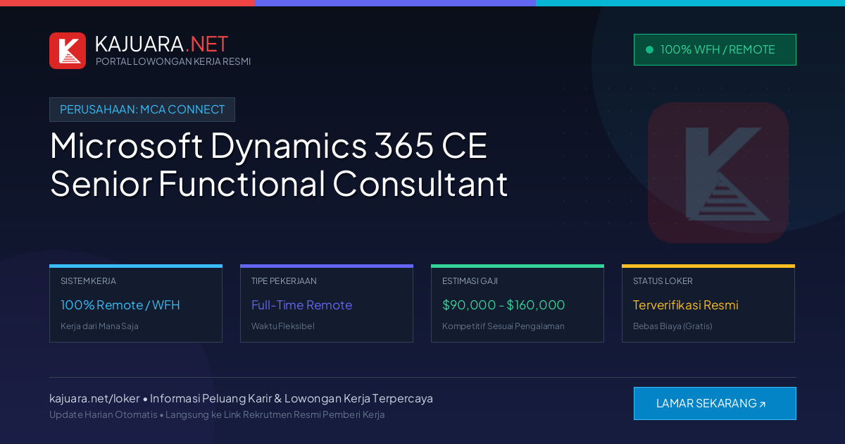 Lowongan Kerja Remote: Microsoft Dynamics 365 CE Senior Functional Consultant di MCA Connect
