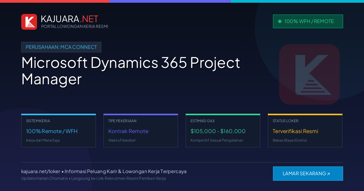 Lowongan Kerja Remote: Microsoft Dynamics 365 Project Manager di MCA Connect