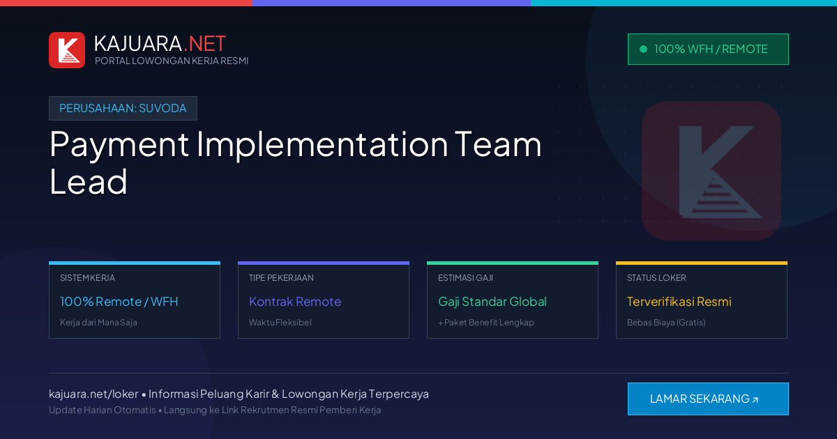 Lowongan Kerja Remote: Payment Implementation Team Lead di Suvoda