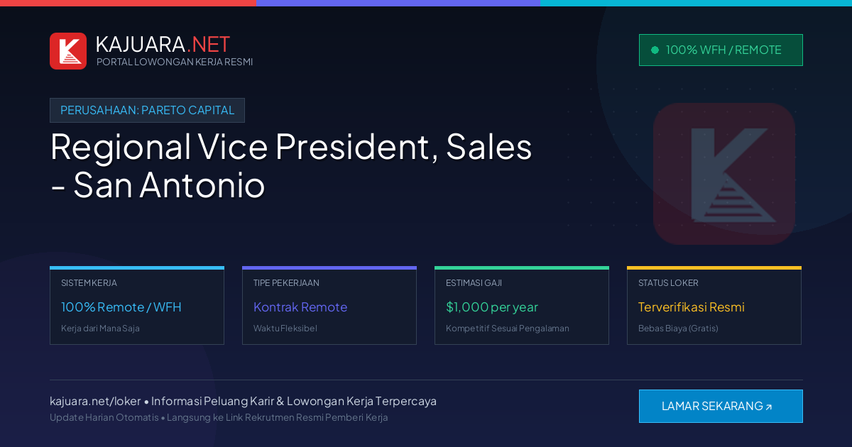 Lowongan Kerja Remote: Regional Vice President, Sales - San Antonio di Pareto Capital