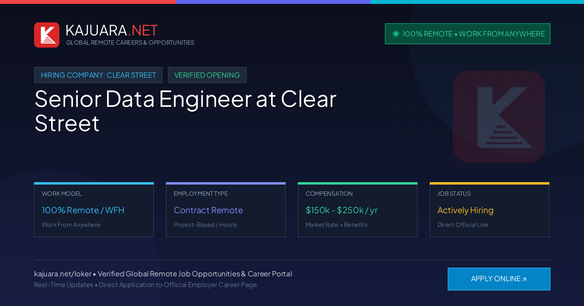 [Remote / WFH] Senior Data Engineer at Clear Street ($150,000 - $250,000)