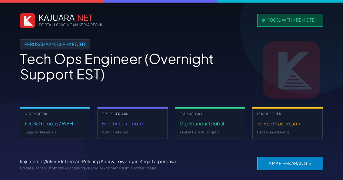 Lowongan Kerja Remote: Tech Ops Engineer (Overnight Support EST) di AlphaPoint