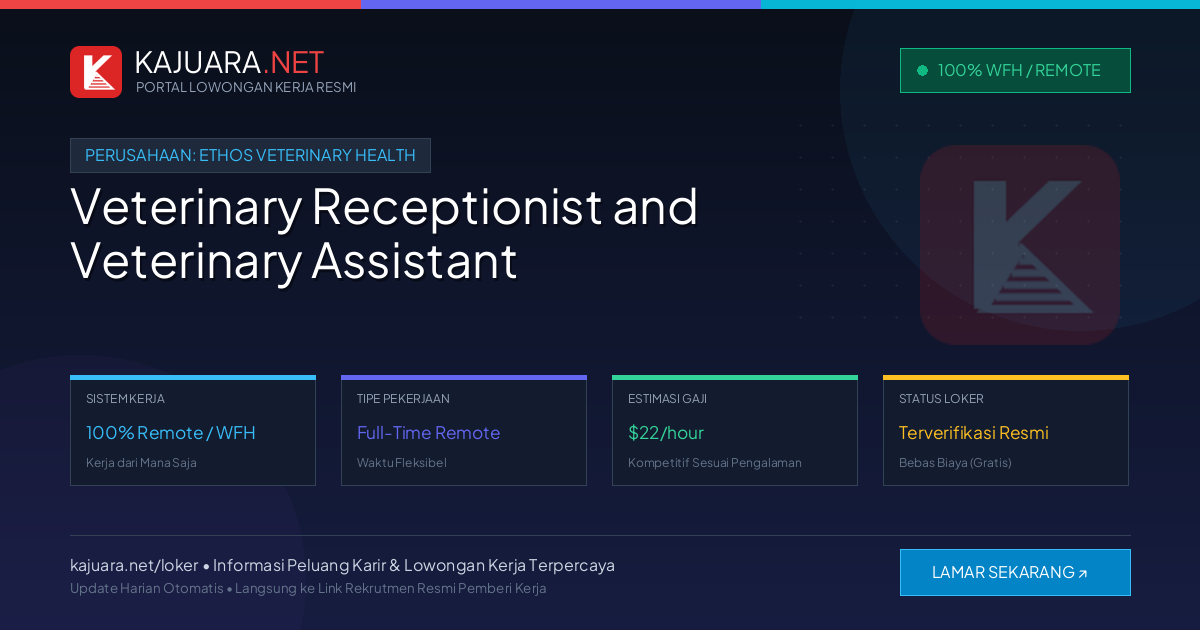 Lowongan Kerja Remote: Veterinary Receptionist and Veterinary Assistant di Ethos Veterinary Health